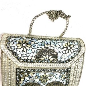 Vintage Mother of Pearl Mosaic Clutch Silver Metal Evening Bag Chain Boho
